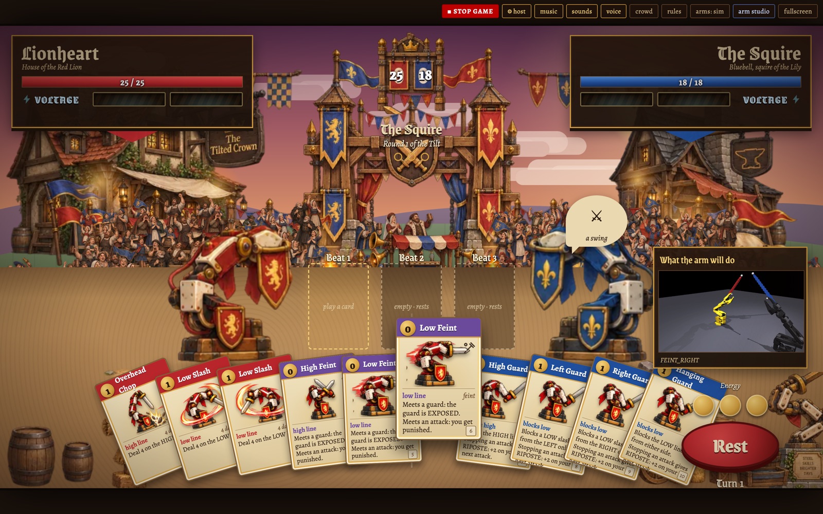The planning phase of the game: a hand of cards, three beat slots, and a preview of what the arm will do