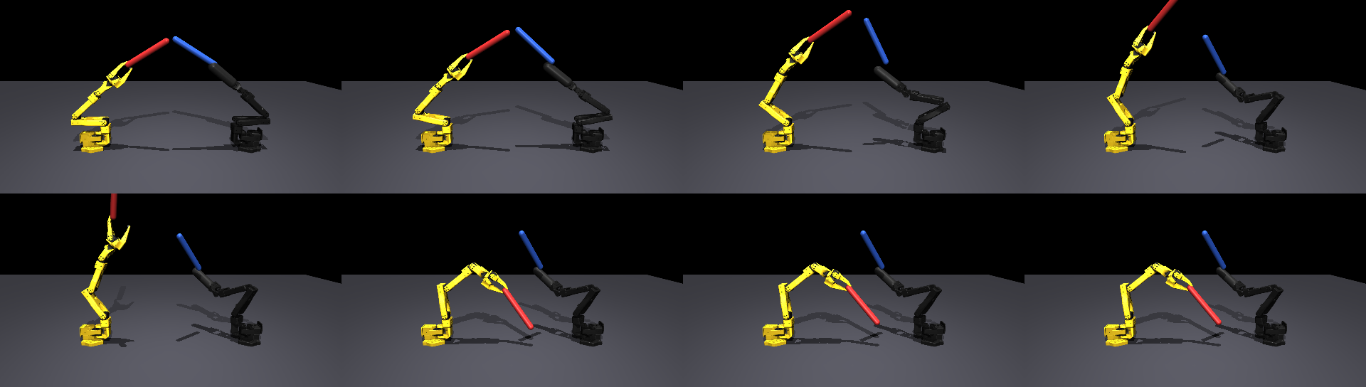 Eight frames from the two-arm sim: an overhead chop meeting a level high bar