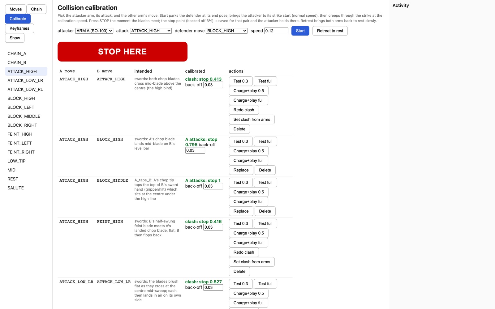 The collision calibration tab: a big STOP HERE button and a table of move pairs with their calibrated stop points