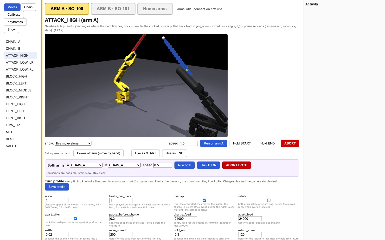 The studio: move list on the left, ATTACK_HIGH previewed in the sim, run and capture buttons, and the turn profile knobs below